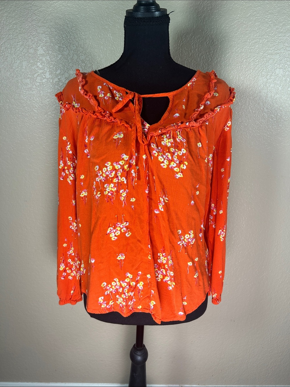 Boho Orange Floral Peasant Blouse Ruffled Neckline Long Sleeve